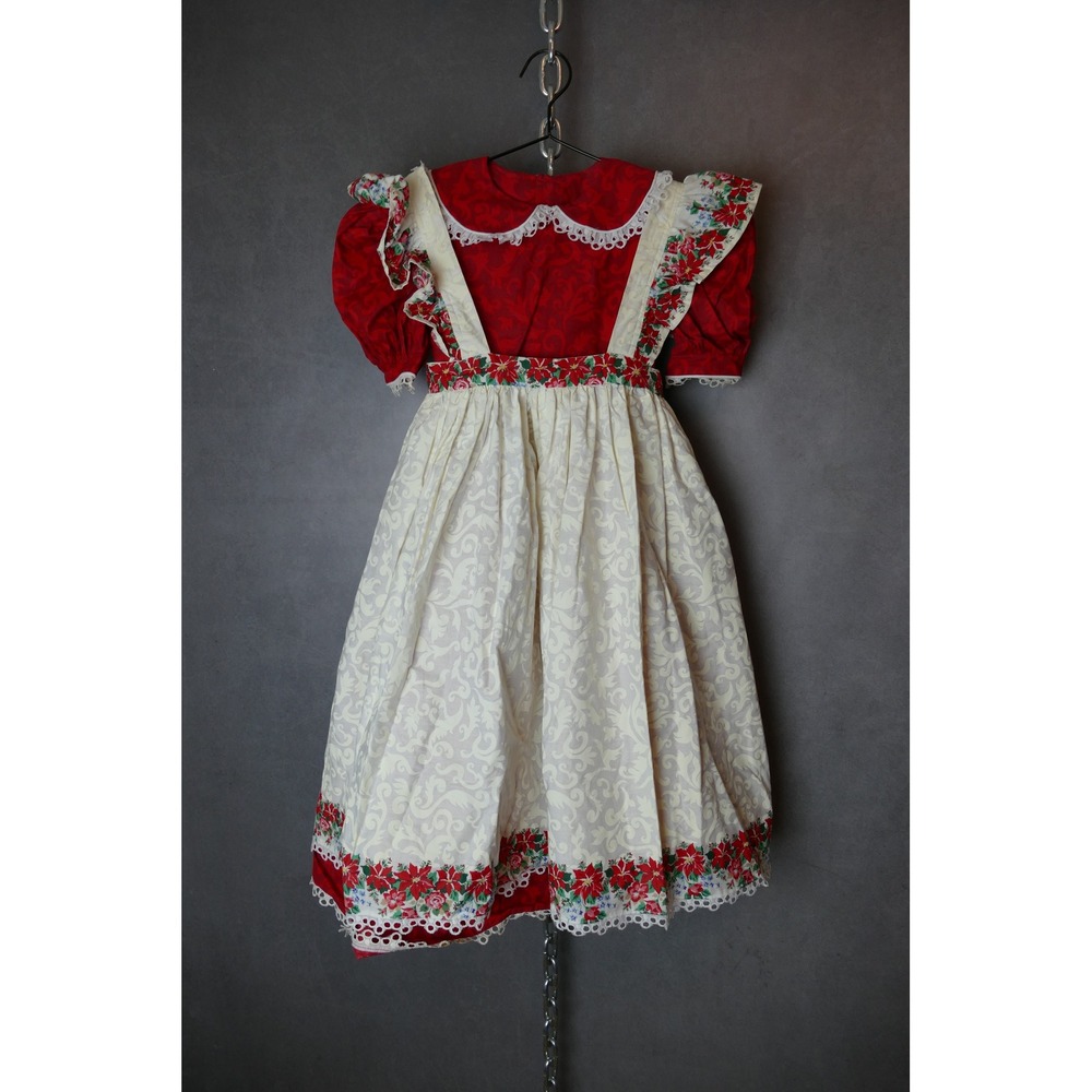 Vintage Girls Handmade Daisy Kingdom Christmas Dress Poinsettia Lace‎ Pinafore